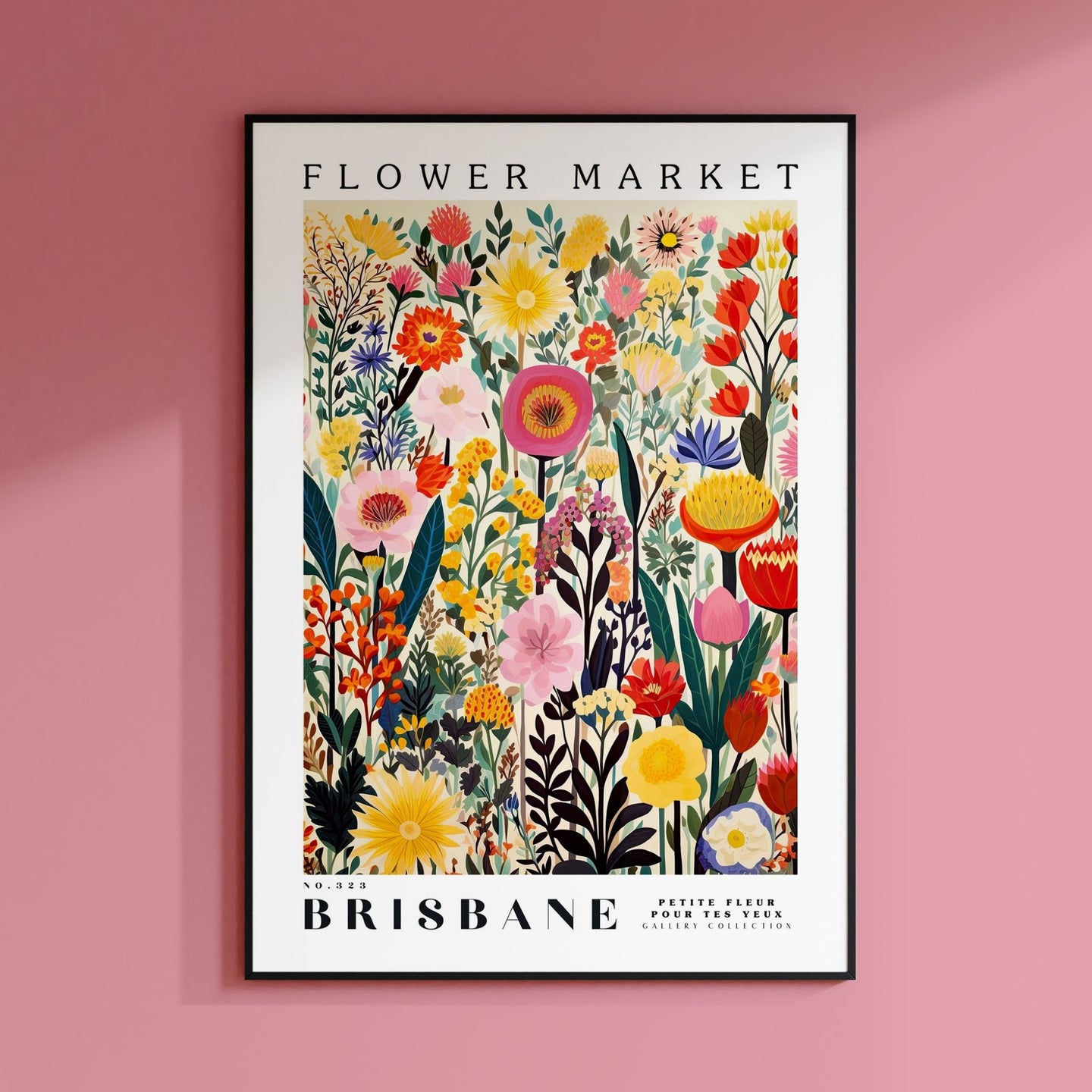 a flower market poster hanging on a pink wall