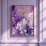 a painting of white flowers on a purple wall