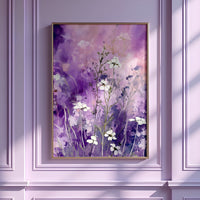 a painting of white flowers on a purple wall