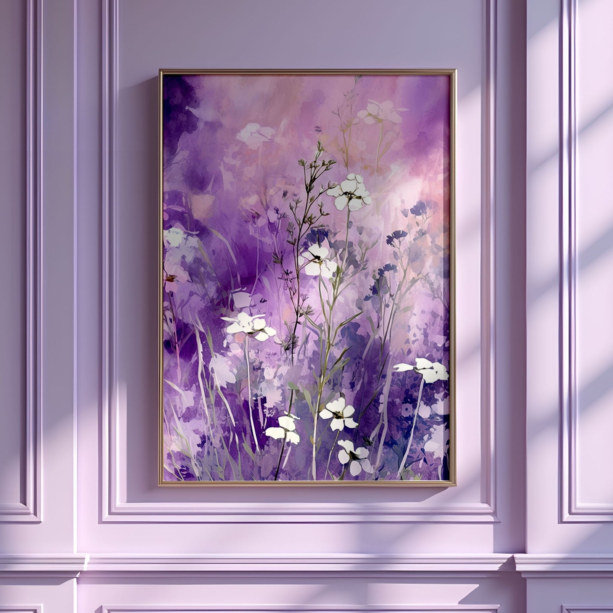 a painting of white flowers on a purple wall