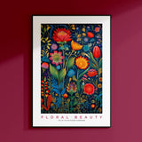 a picture of a painting of flowers on a red wall