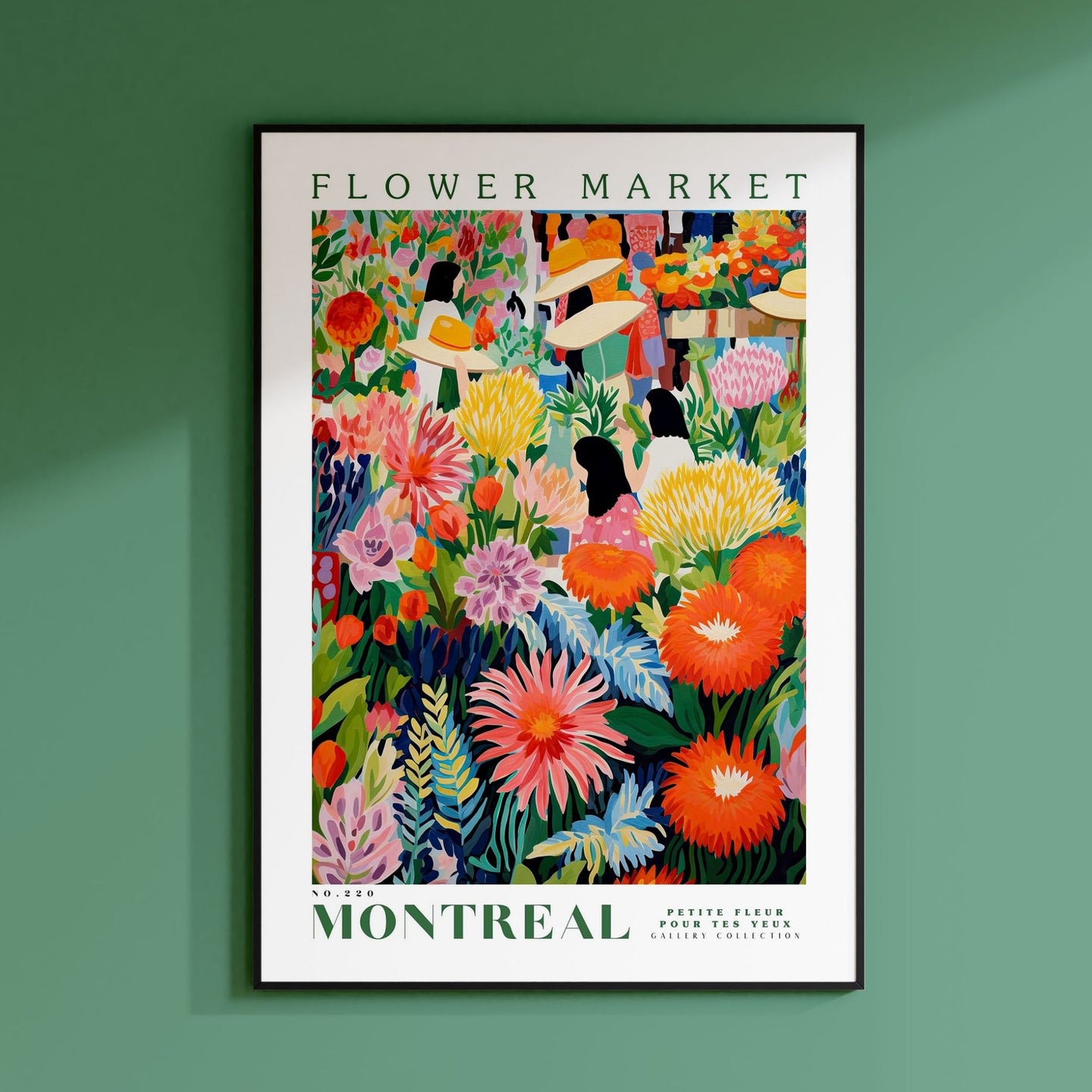 a green wall with a picture of flowers on it