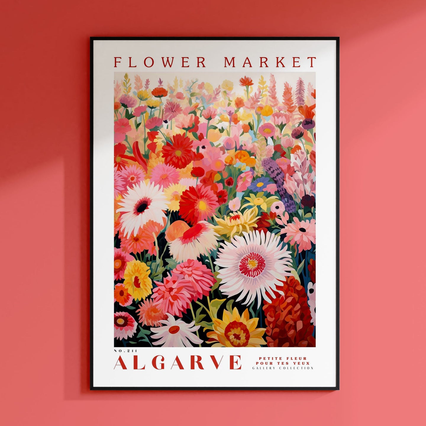 a flower market poster hangs on a pink wall