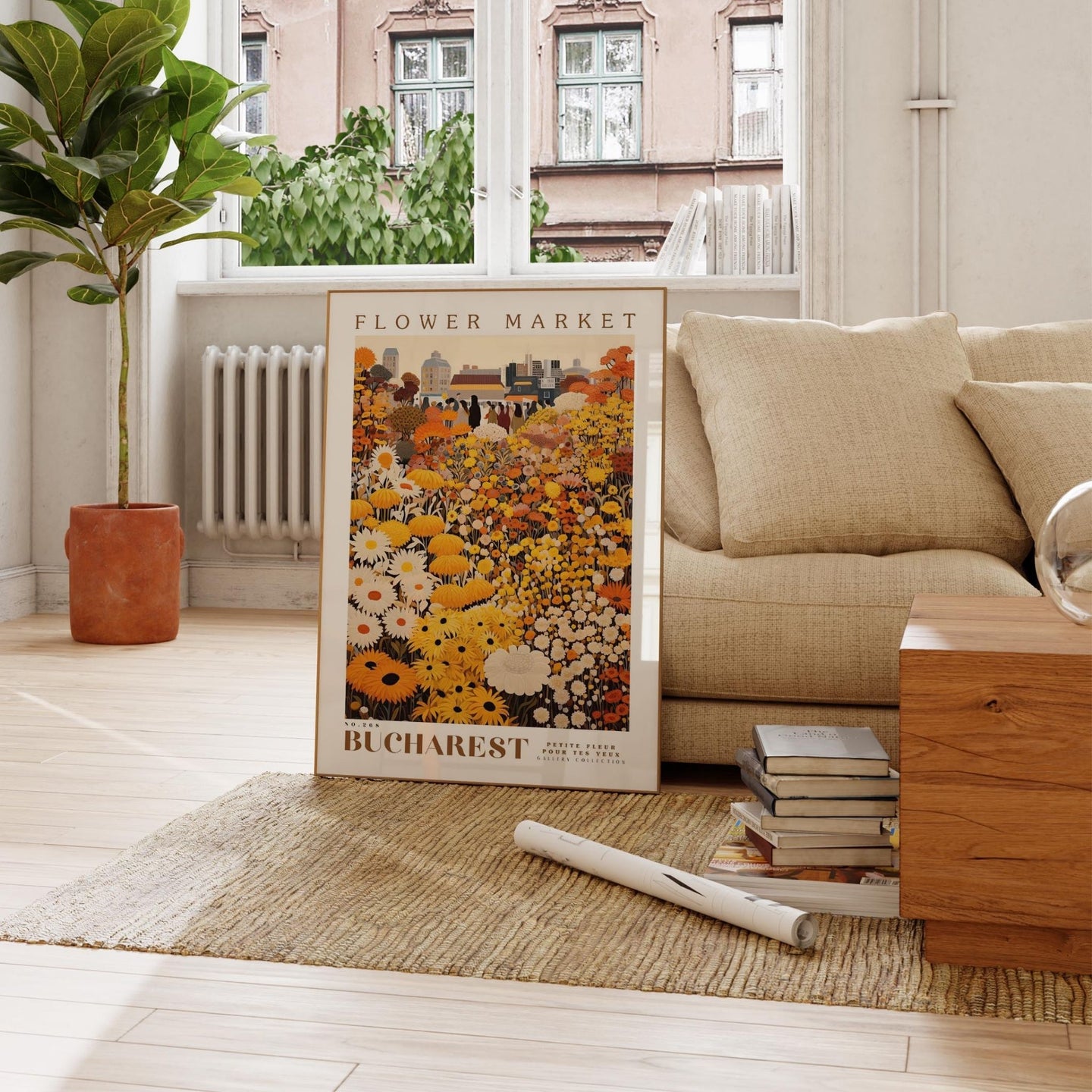 a living room with a couch and a poster on the floor