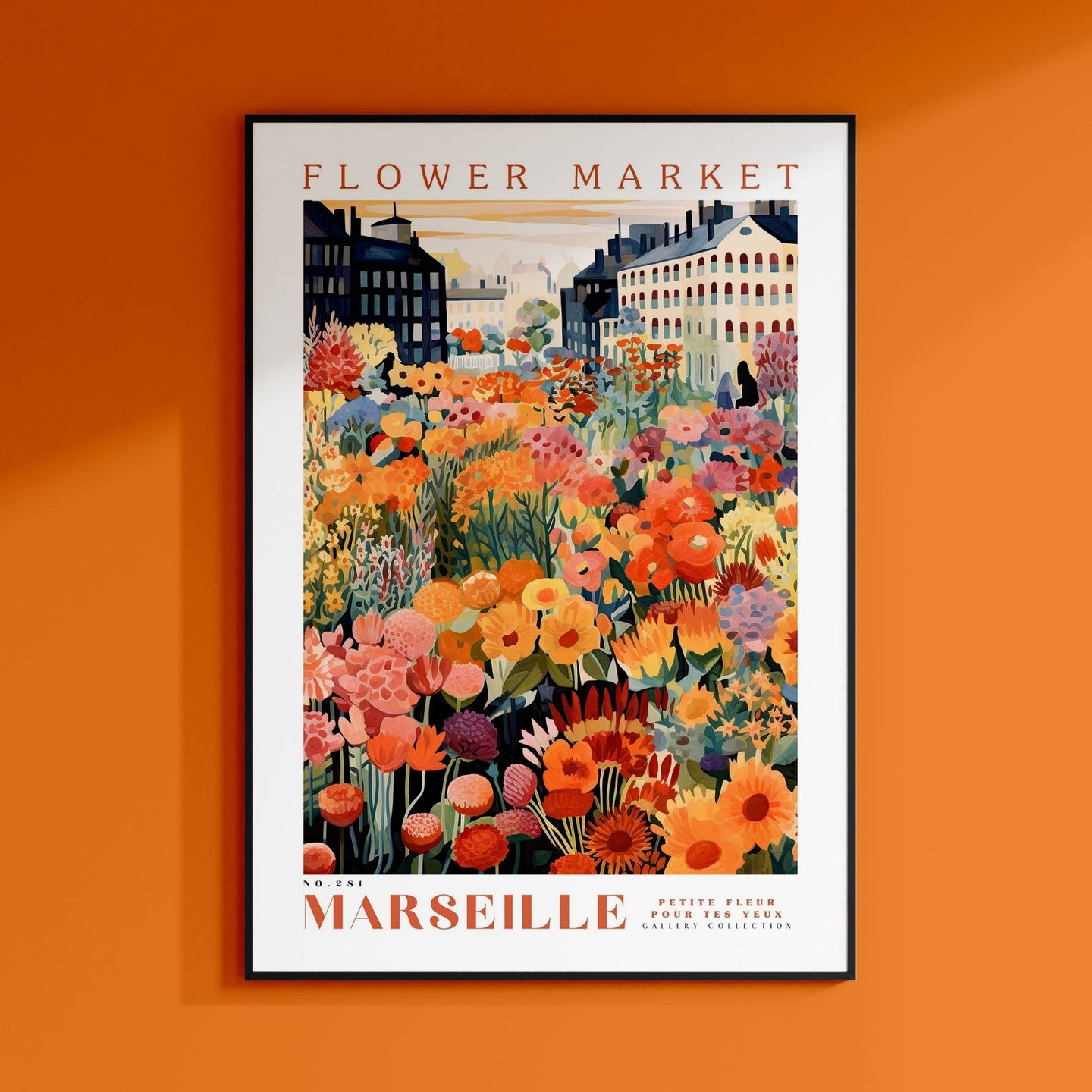 a flower market poster hangs on a wall