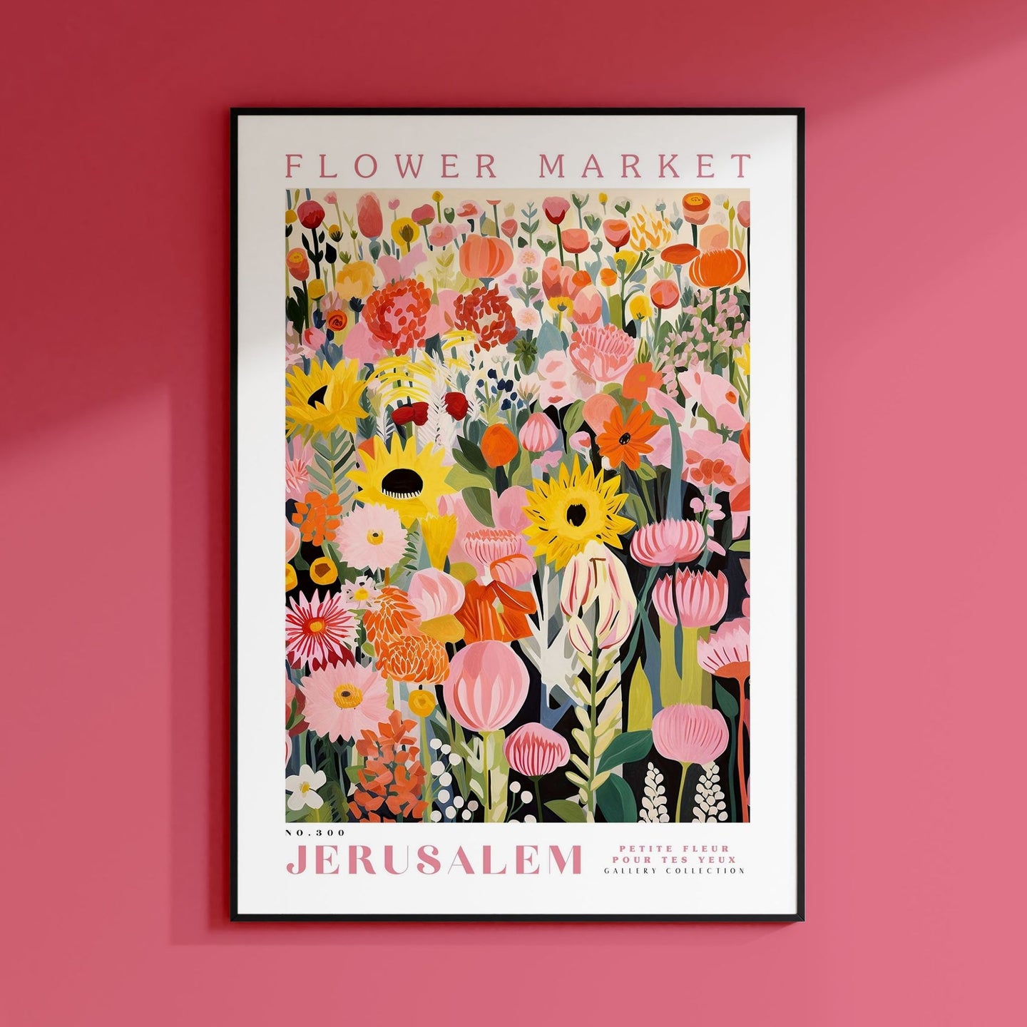 a flower market poster hanging on a pink wall