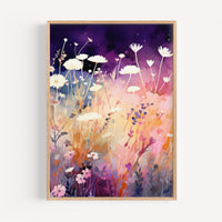 a painting of flowers in a field with a purple background