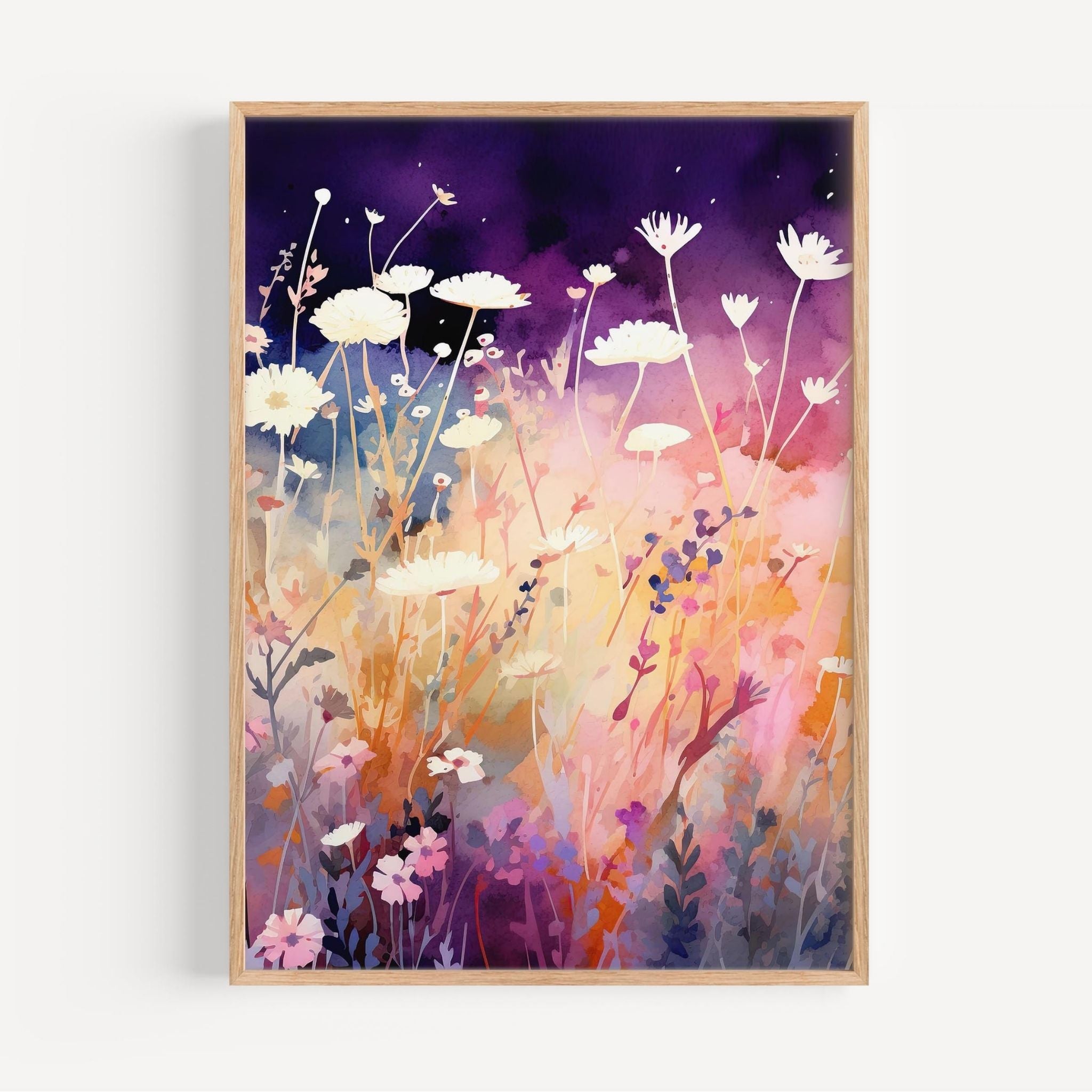 a painting of flowers in a field with a purple background