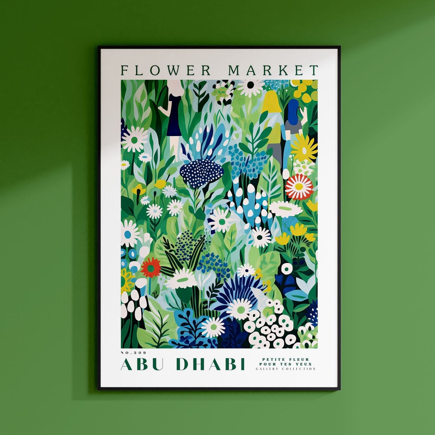 a green wall with a picture of flowers on it
