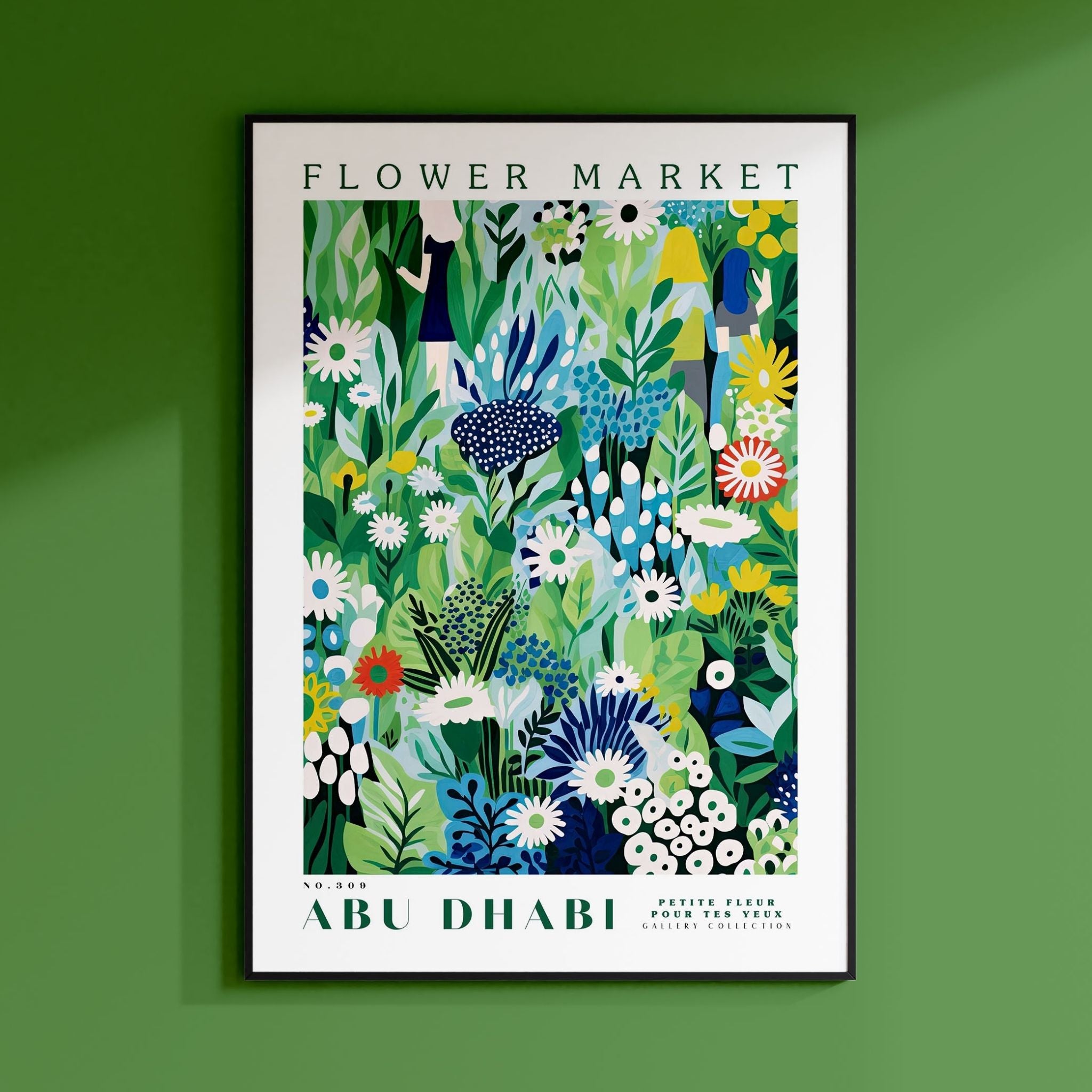 a green wall with a picture of flowers on it