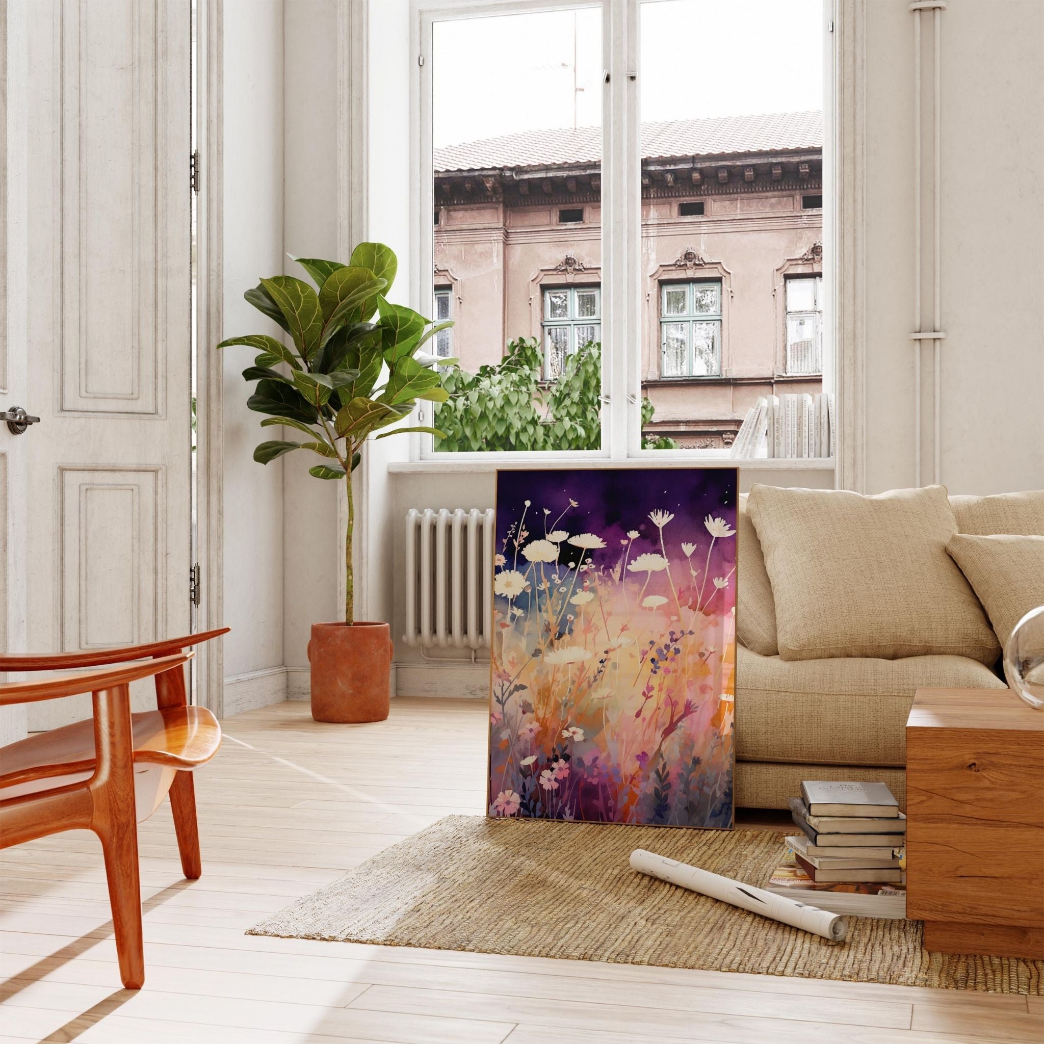 a living room filled with furniture and a painting on the wall