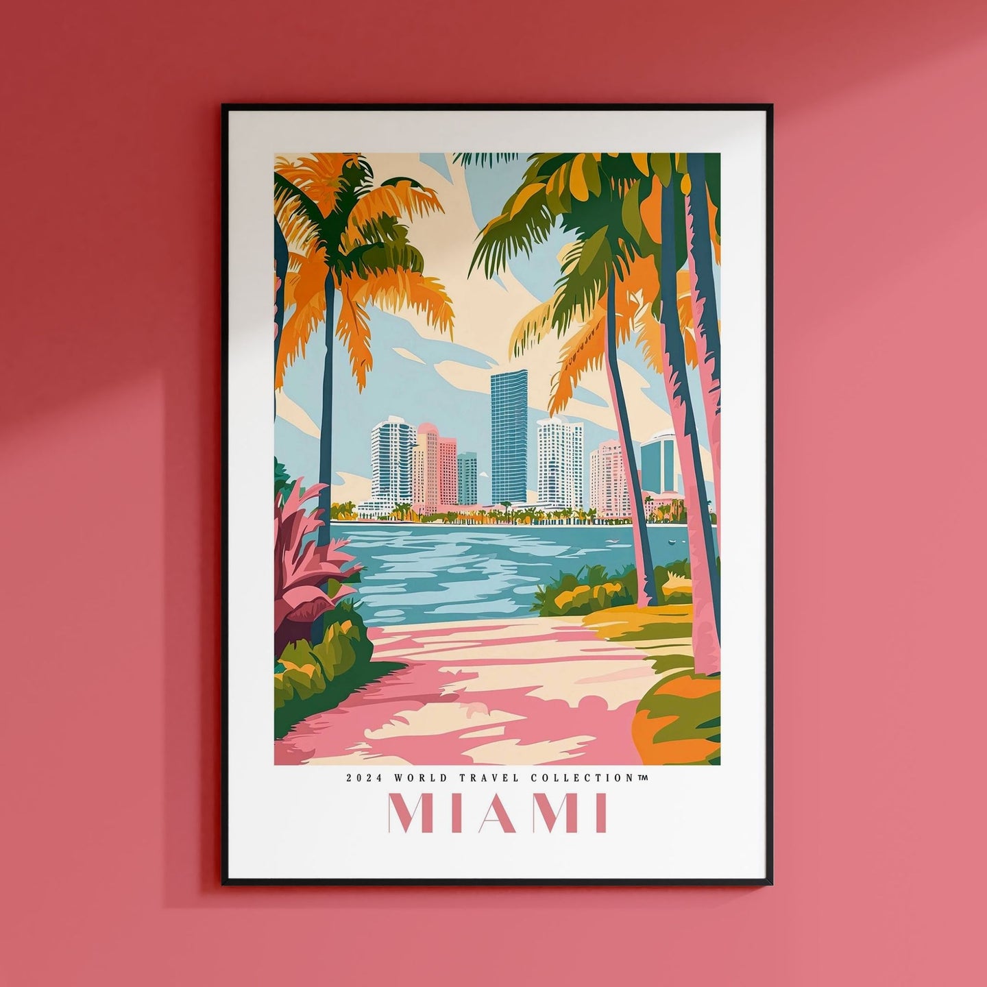 a pink wall with a picture of a beach and palm trees