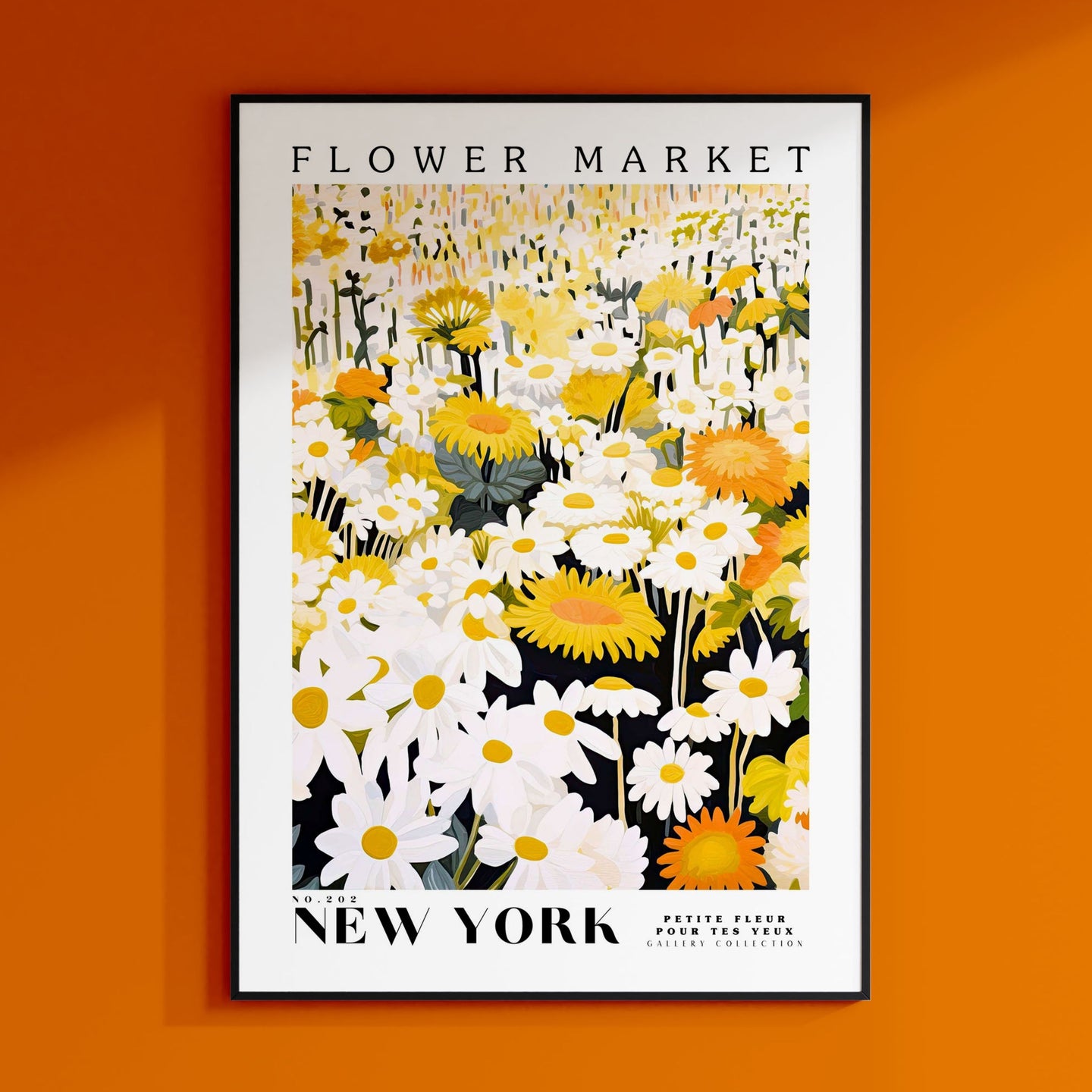 a flower market poster hangs on a wall
