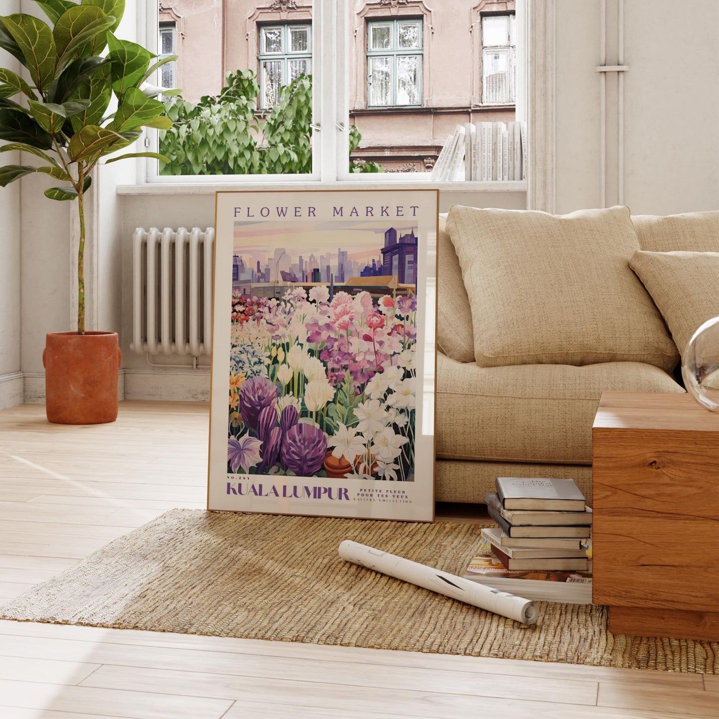 a living room with a couch and a poster on the floor