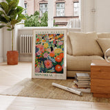 a picture of a flower market on display in a living room
