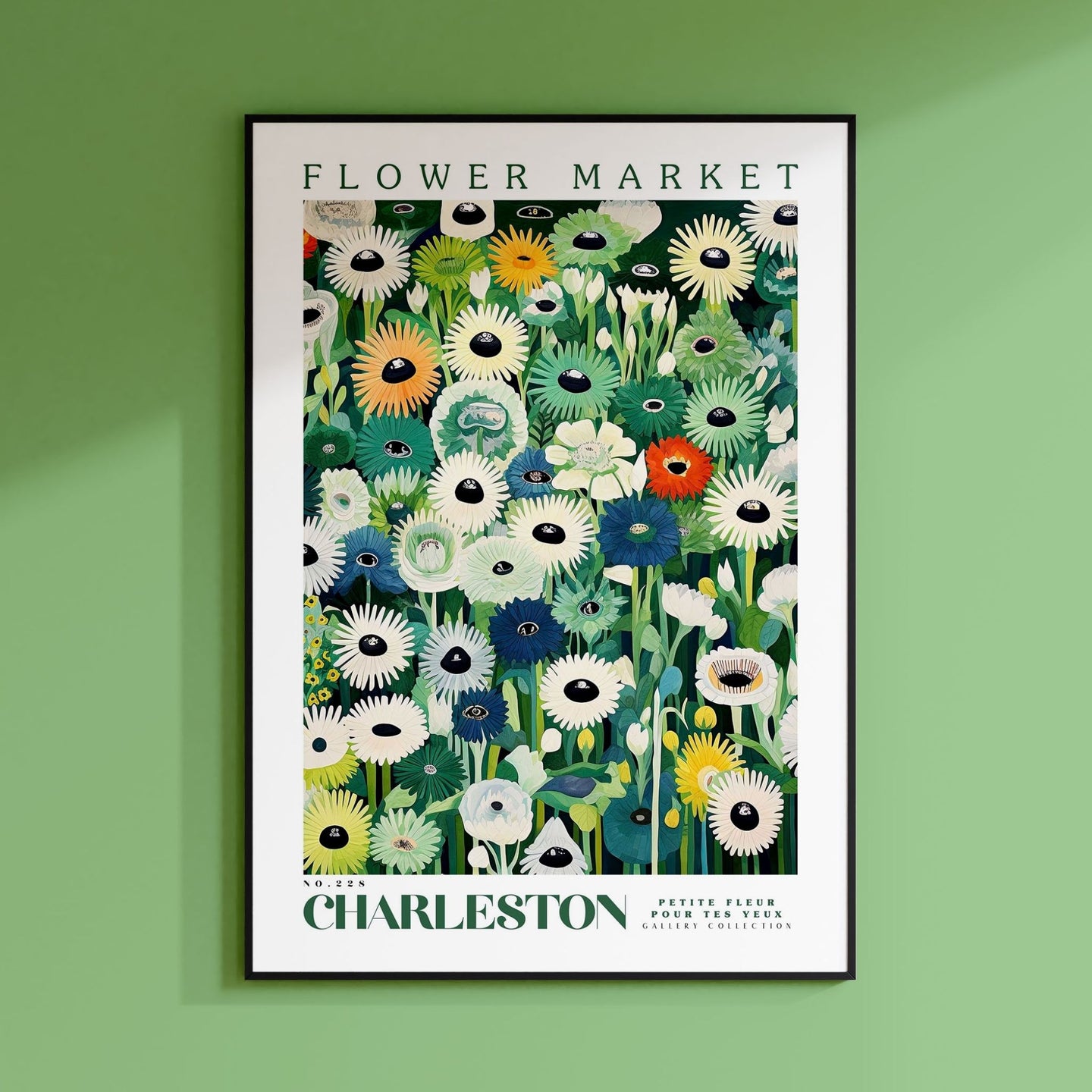 a green wall with a poster of flowers on it
