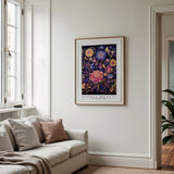 a living room with a couch and a painting on the wall