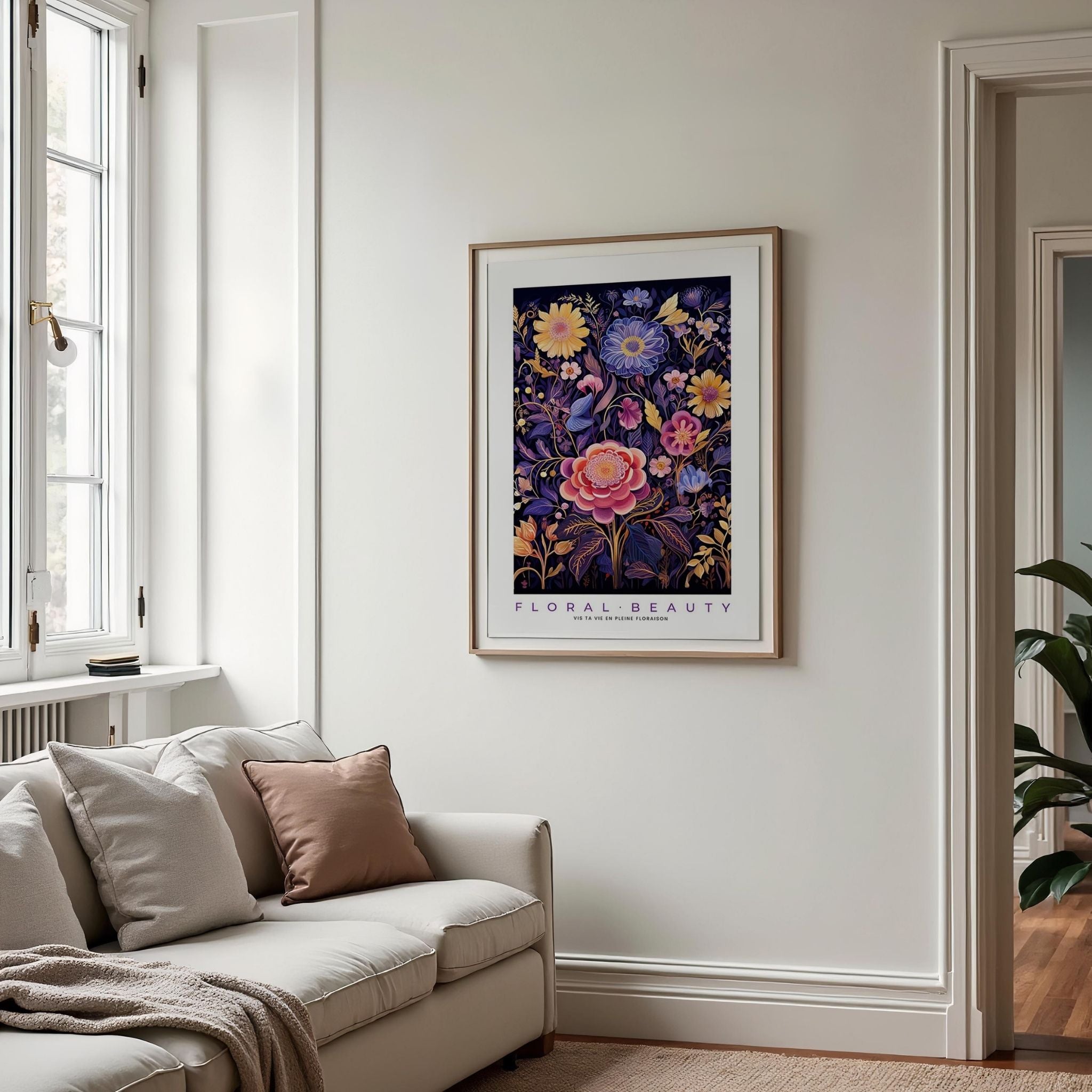 a living room with a couch and a painting on the wall