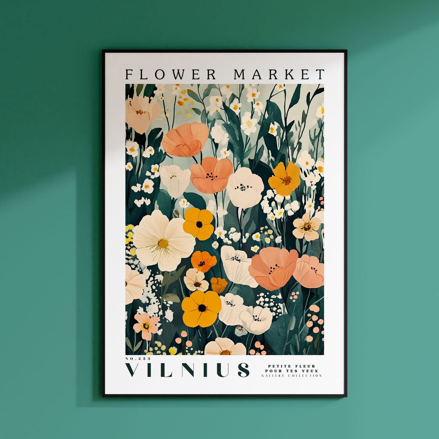 a flower market poster hanging on a wall