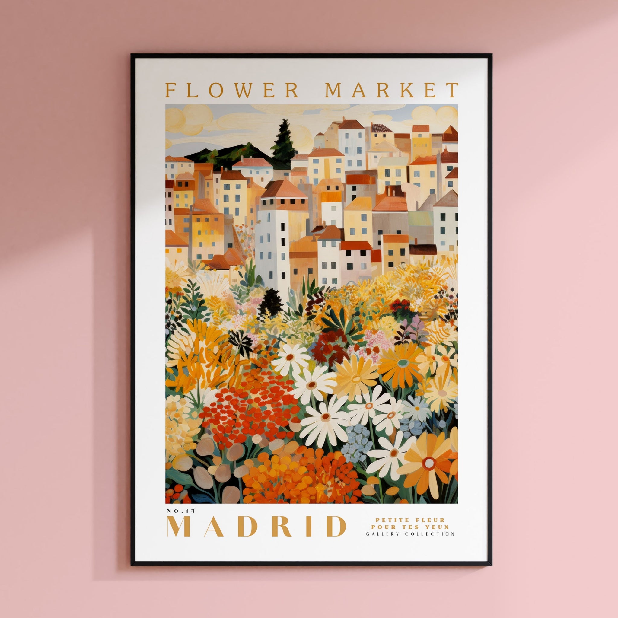 a flower market poster hanging on a wall