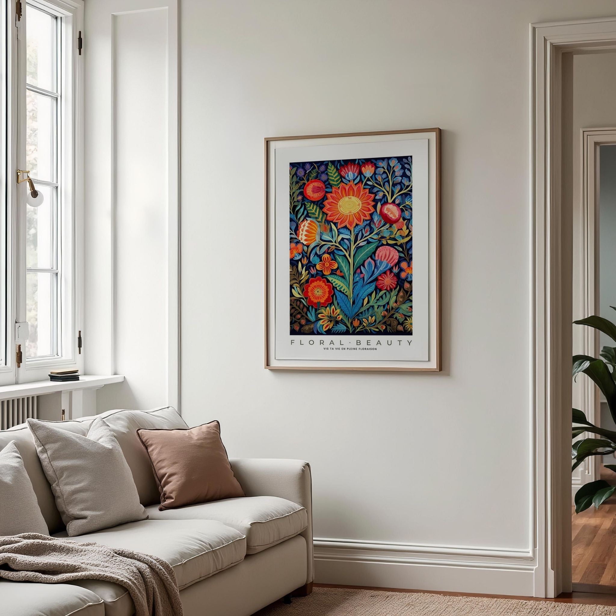 a living room with a couch and a painting on the wall