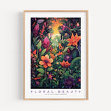 a framed poster of a tropical garden with flowers