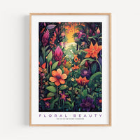 a framed poster of a tropical garden with flowers