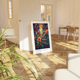 a picture of a room with a painting on the wall