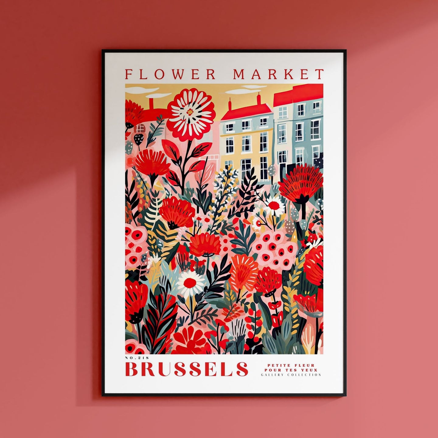 a flower market poster hangs on a pink wall