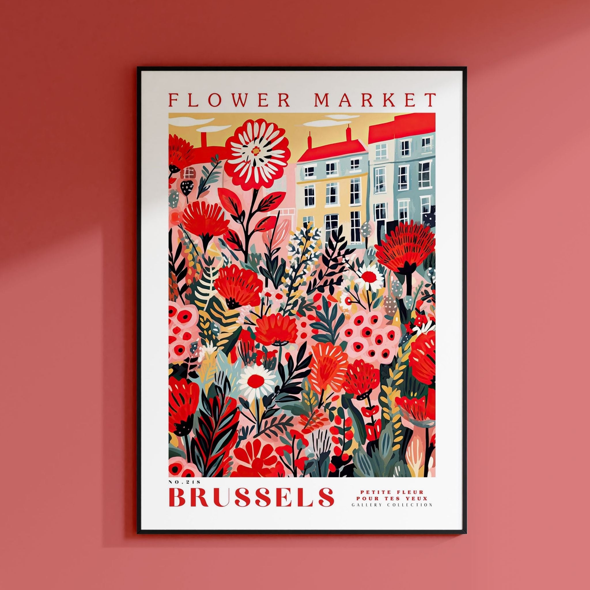 a flower market poster hangs on a pink wall
