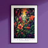 a purple wall with a picture of flowers on it