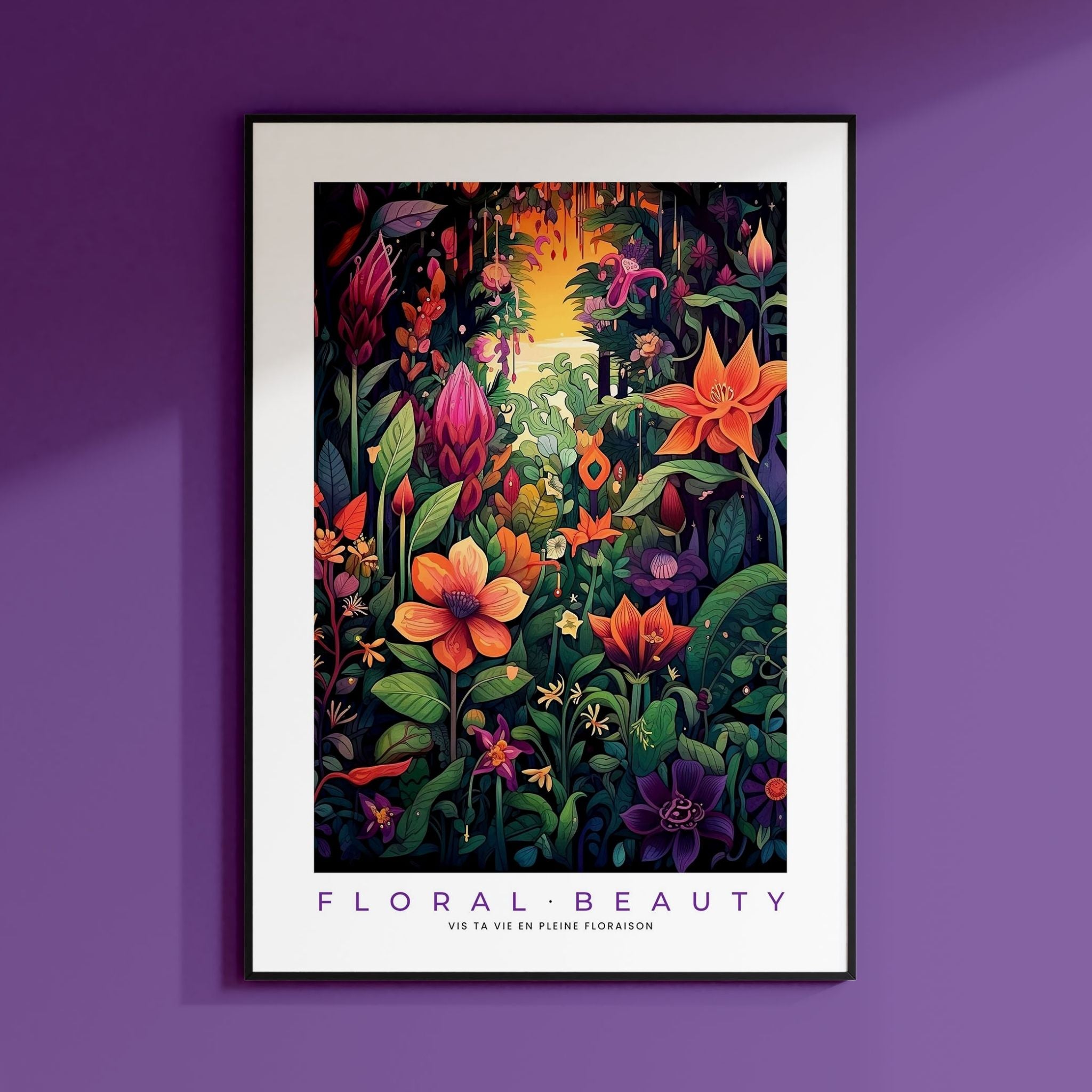 a purple wall with a picture of flowers on it