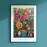 a painting of flowers on a blue wall