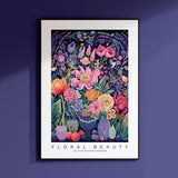 a picture of a vase of flowers on a purple wall