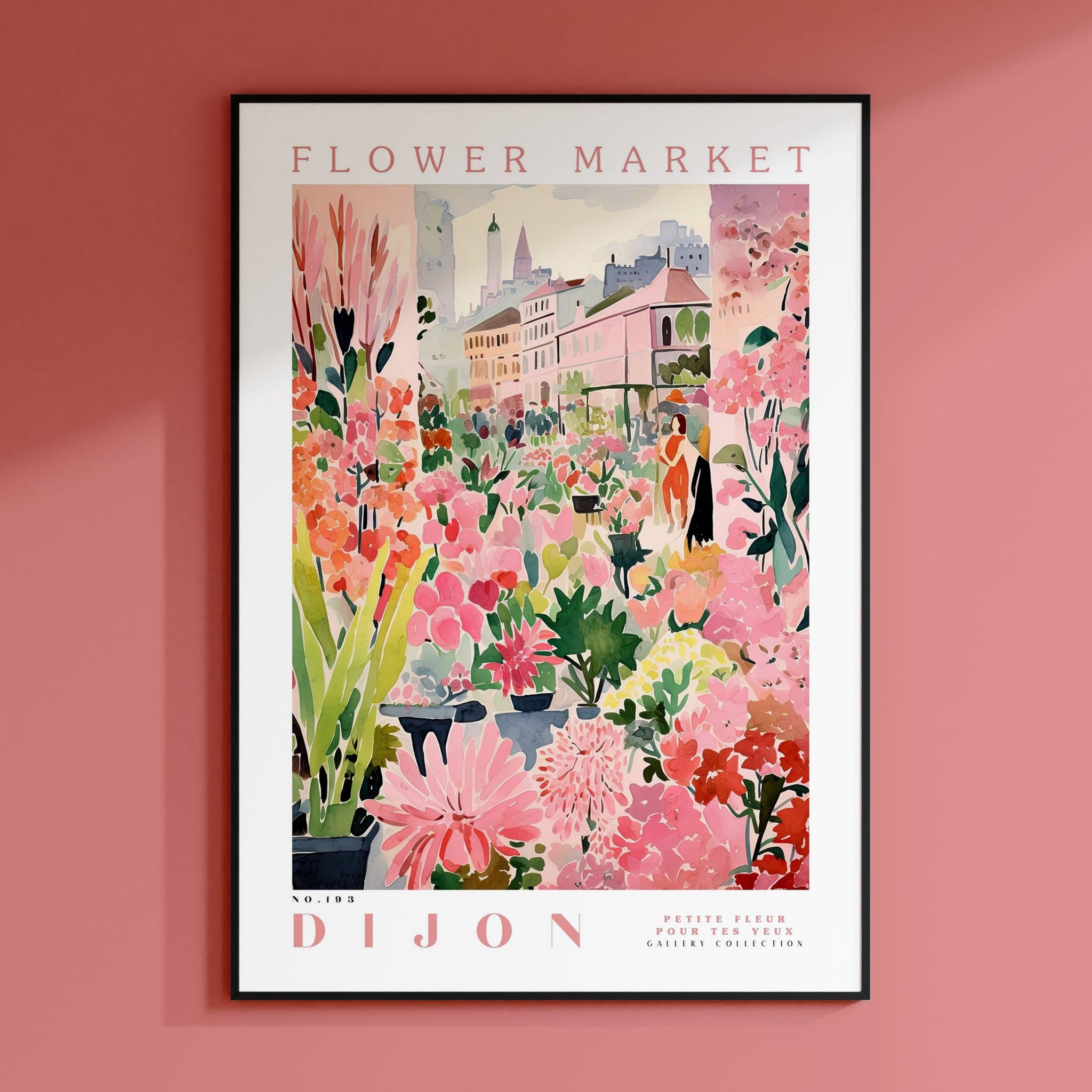 a flower market poster hangs on a pink wall