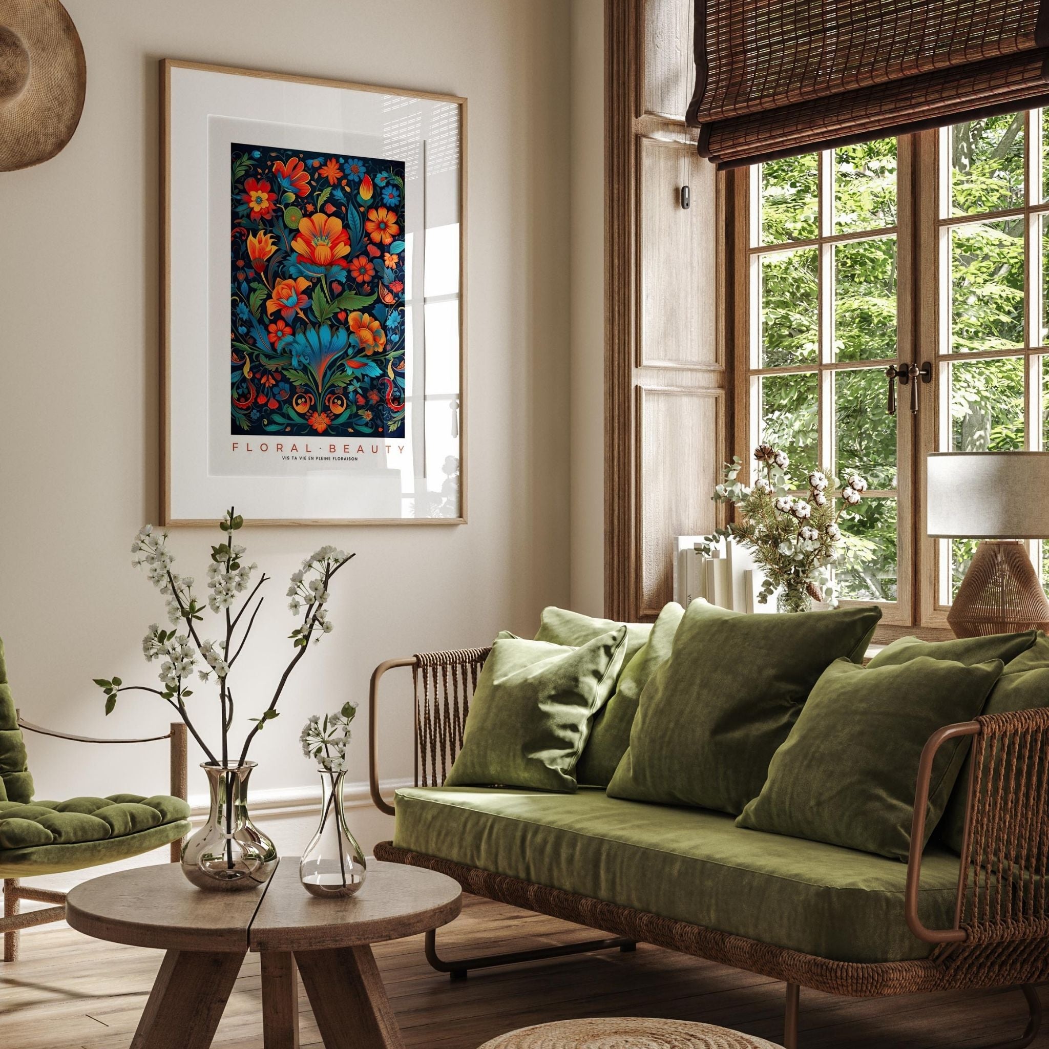 a living room filled with furniture and a painting on the wall