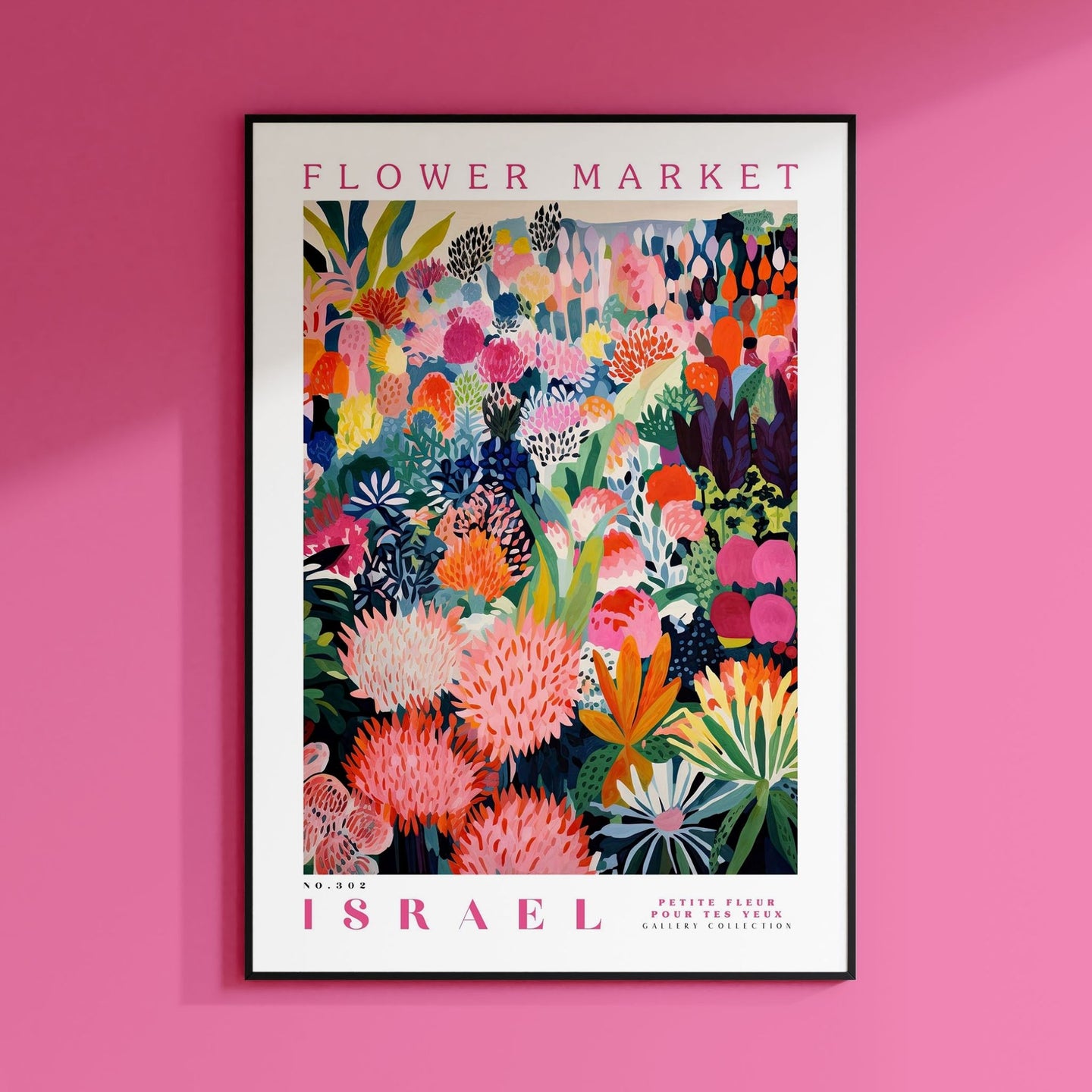 a flower market poster hanging on a pink wall