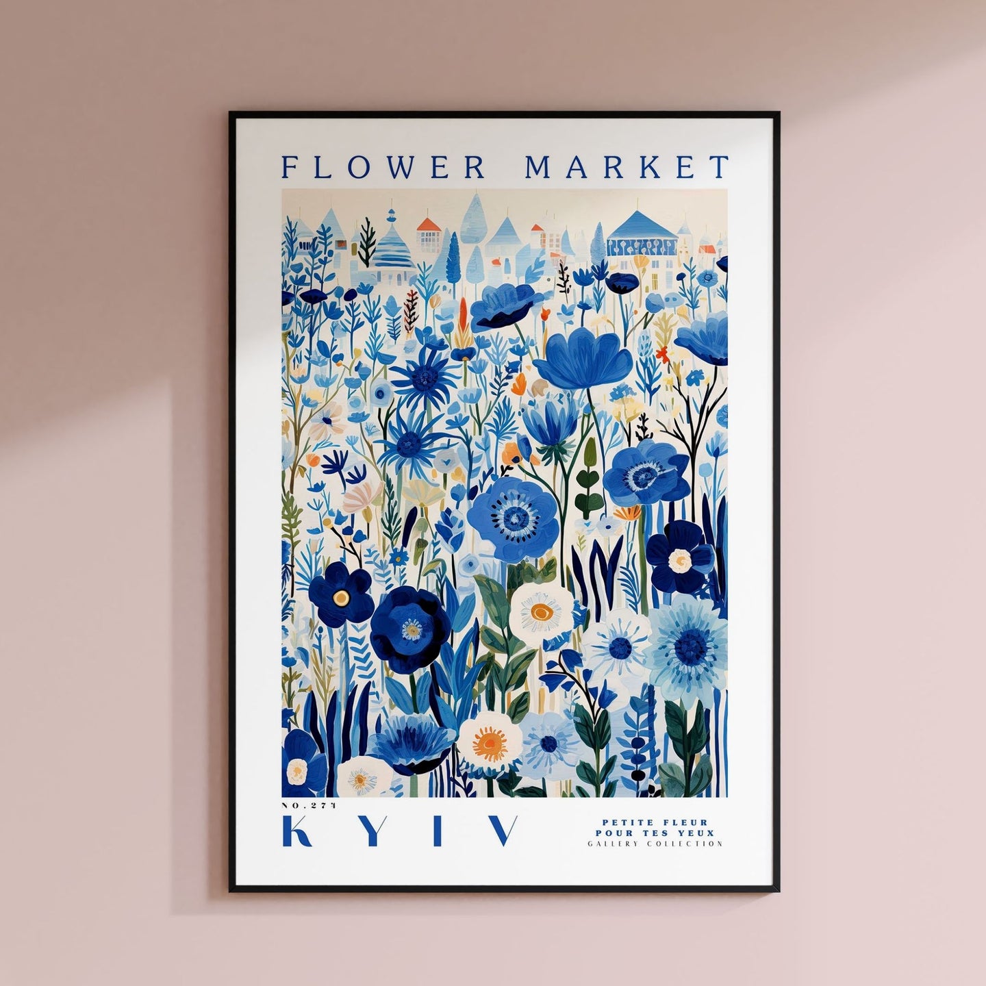 a blue and white flower market poster hanging on a wall