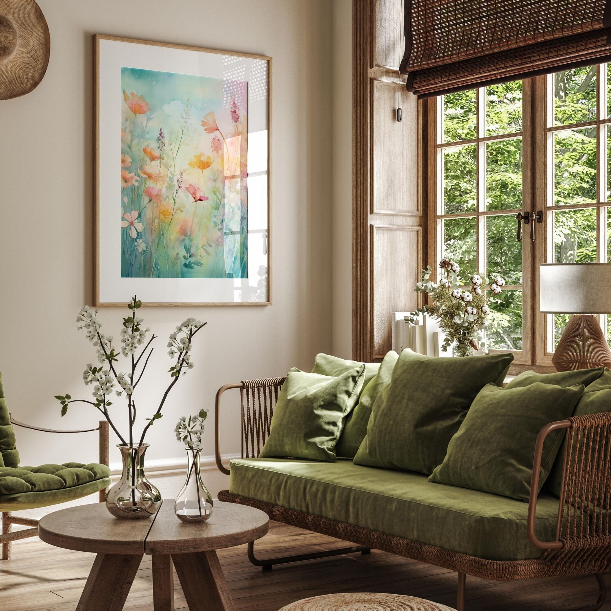 a living room filled with furniture and a painting on the wall