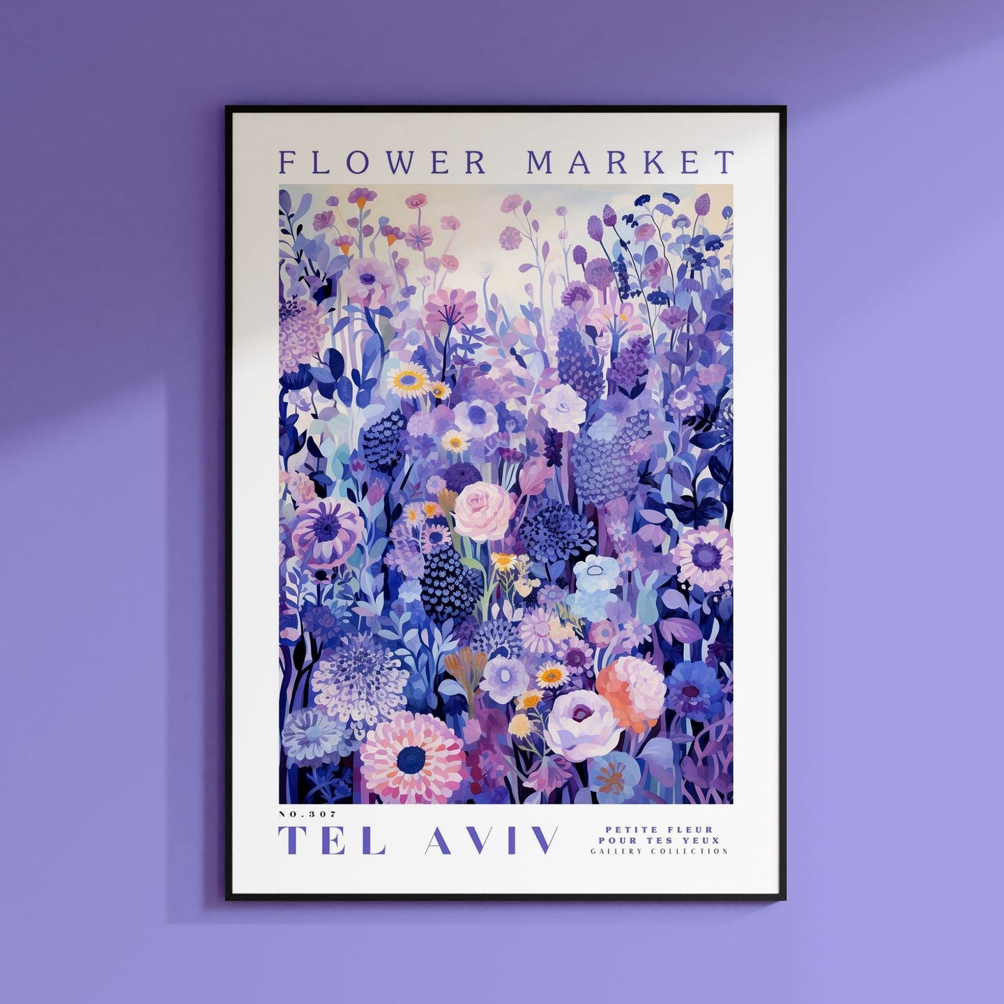 a purple flower market poster hanging on a wall