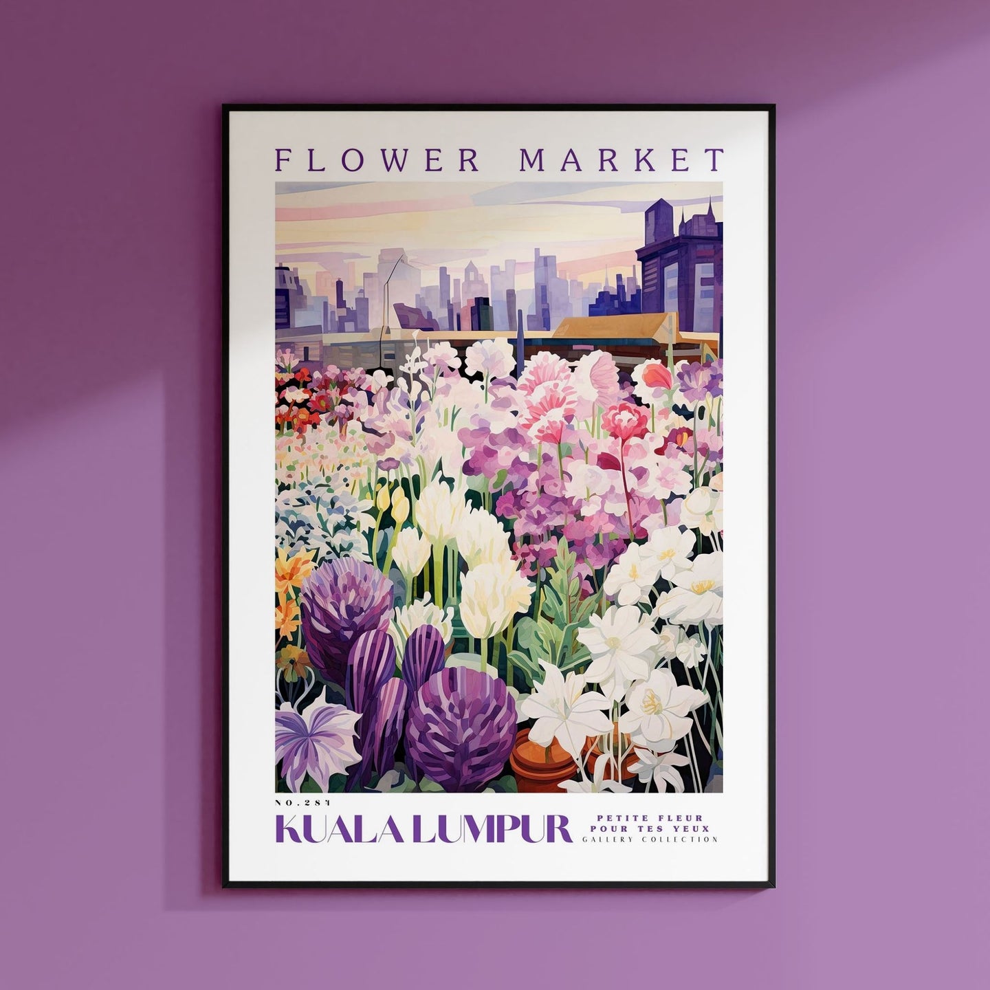 a picture of a flower market on a purple wall