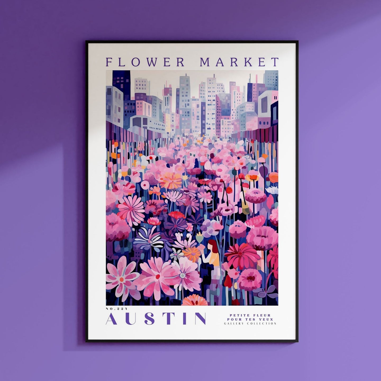 a purple wall with a poster of flowers on it