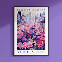 a purple wall with a poster of flowers on it