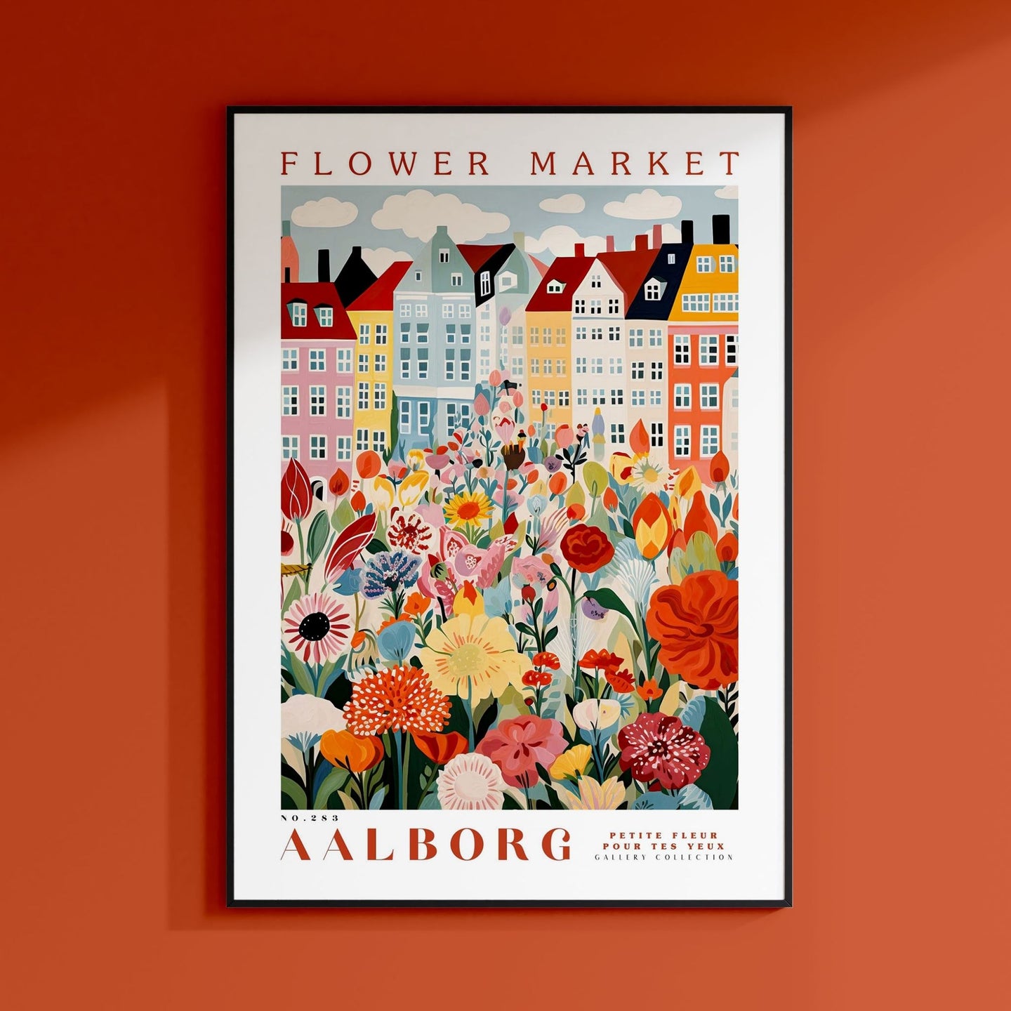 a flower market poster hangs on a wall