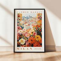 a picture of a flower market with a city in the background