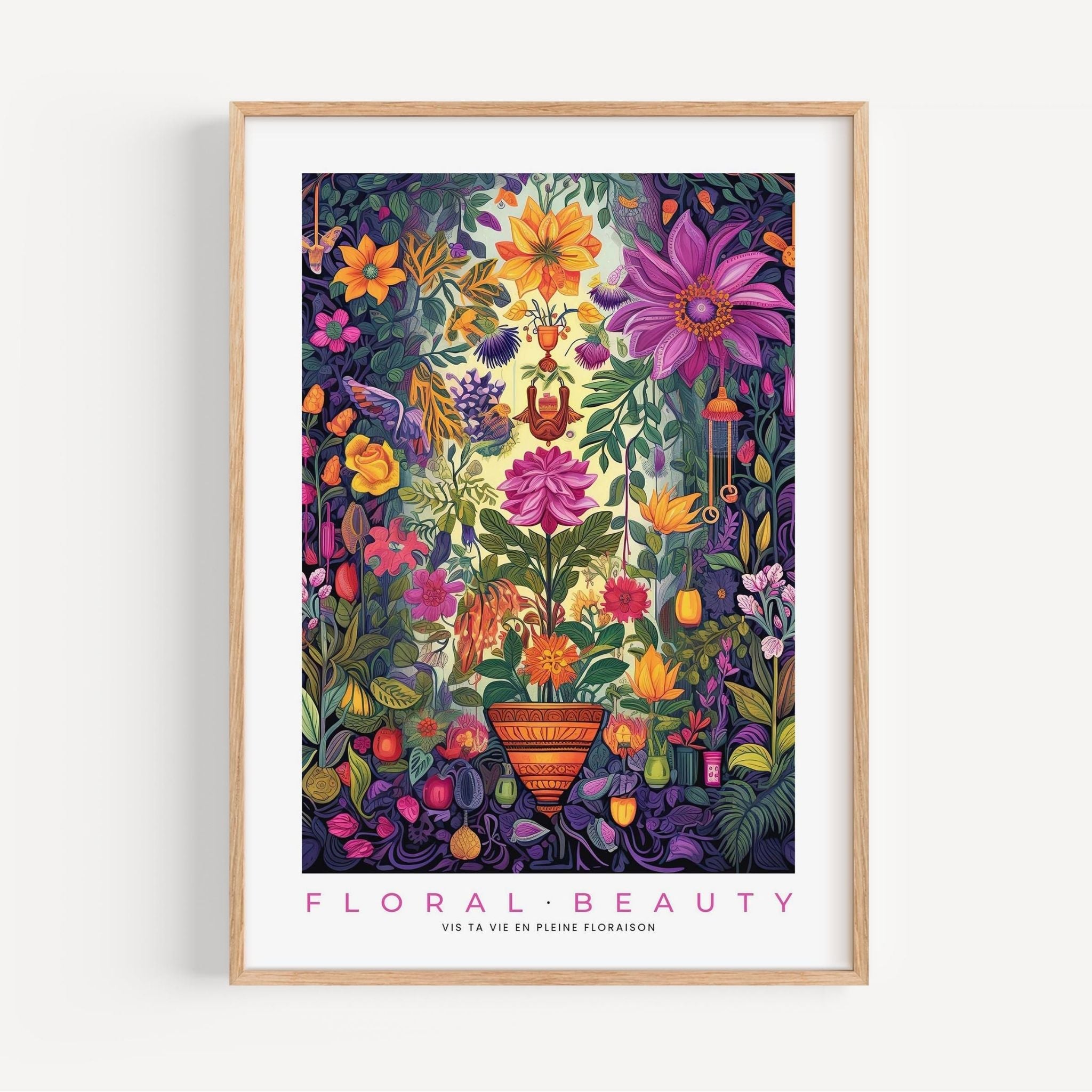 a framed poster of flowers and plants in a vase