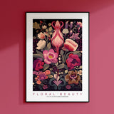 a pink wall with a picture of flowers on it