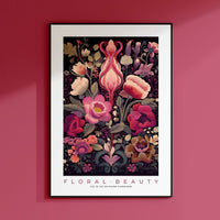 a pink wall with a picture of flowers on it