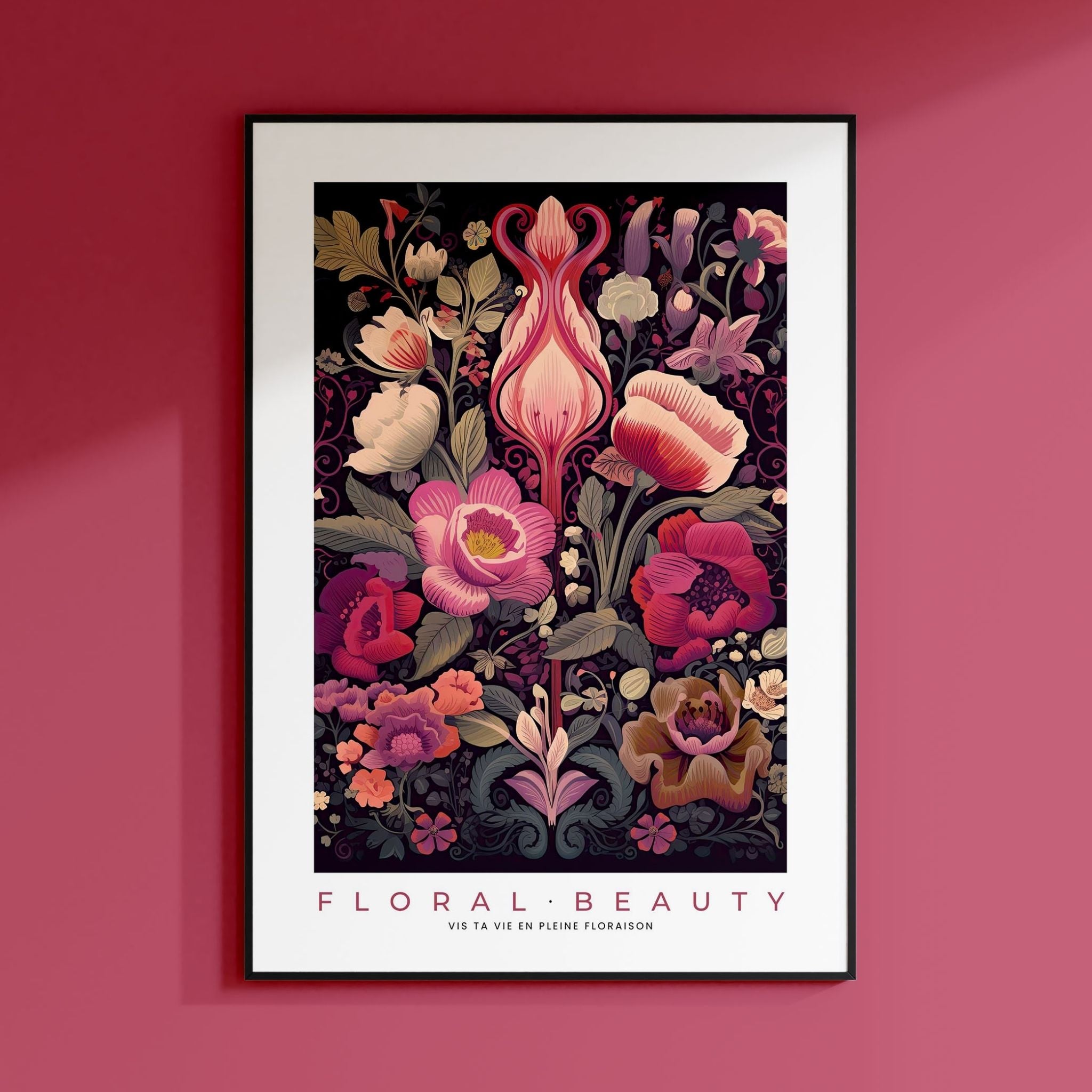 a pink wall with a picture of flowers on it