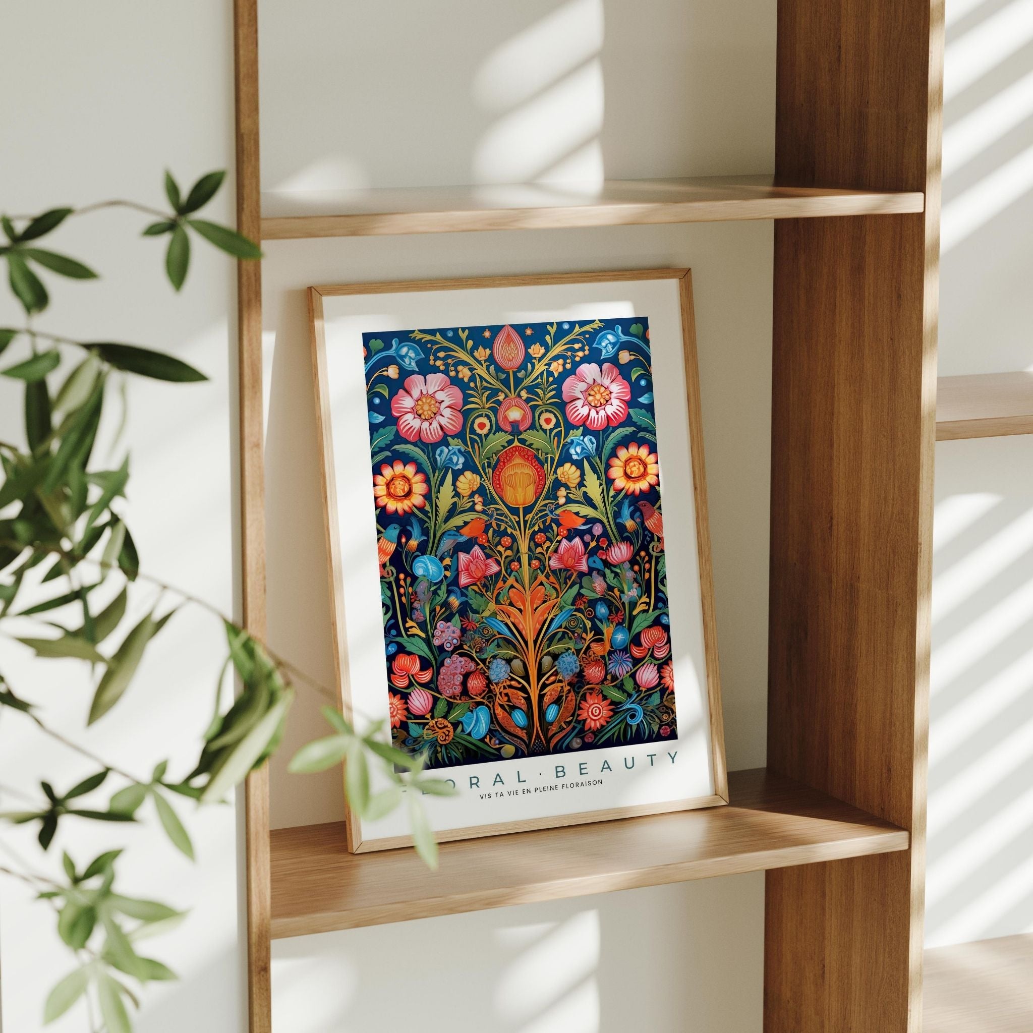 a picture of a painting on a shelf next to a potted plant